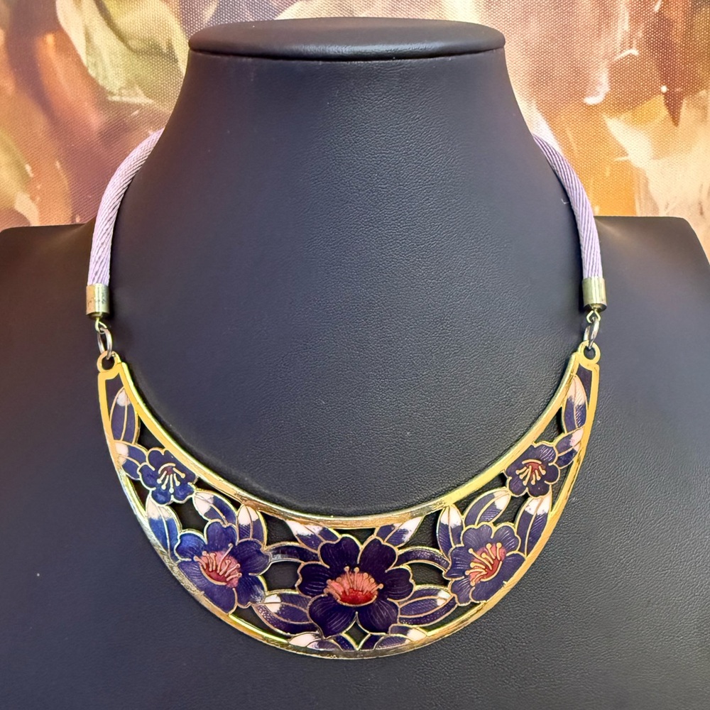 Vintage Cloisonné Floral Bib Necklace – Blue & Pink Gold-Tone with Silk Cord